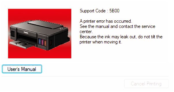  Support Code : 5B00 
A printer error has occourred.
See The Manual and contract the service center.
Because the ink may leak. do not tilt the printer when moving it.